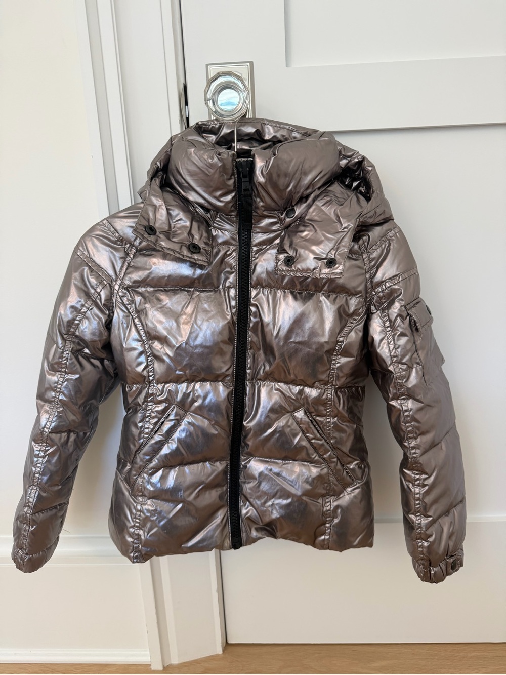 S13 Metallic Taupe Puffer Jacket Hooded Down Feather Coat Girls Size 10
